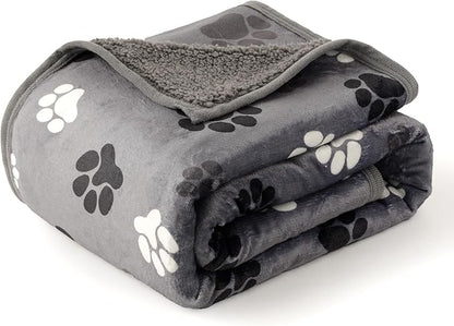 Waterproof Dog Blankets Pet Blanket 50"x60", Soft Fluffy Sofa Car Bed Protector, Reversible Sherpa Fleece Dog Blanket for Large Dogs (Dark Grey-Paws)