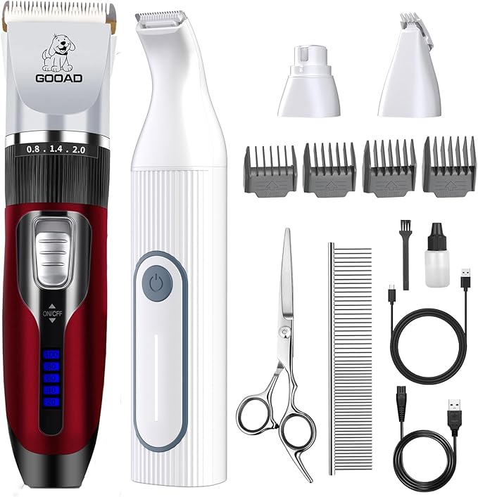 Dog Clippers Grooming Kit Hair Clipper -4 in 1Low Noise -Rechargeable-Cordless Quiet Paw Trimmer Nail Grinder, Trimmer Grooming for Thick Hair&Coats,Pet Shaver for Small and Large Dogs Cats