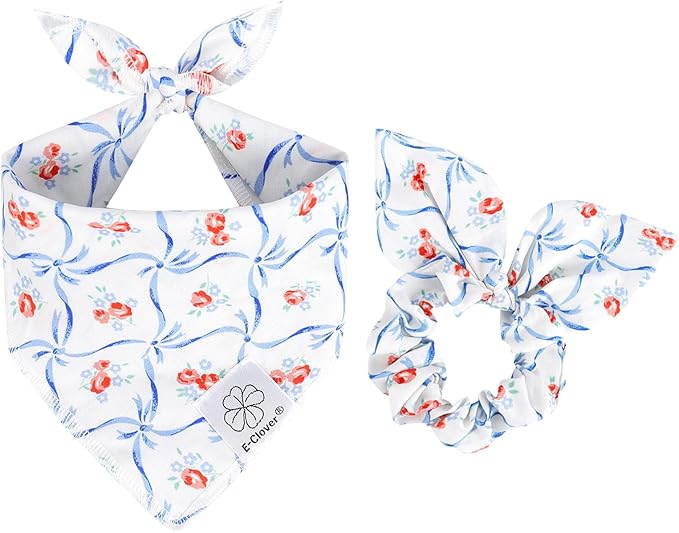 E-Clover Dog Bandanas Girl & Matching Scrunchie-Floral Dog