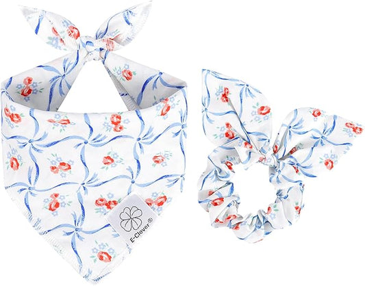E-Clover Dog Bandanas Girl & Matching Scrunchie-Floral Dog