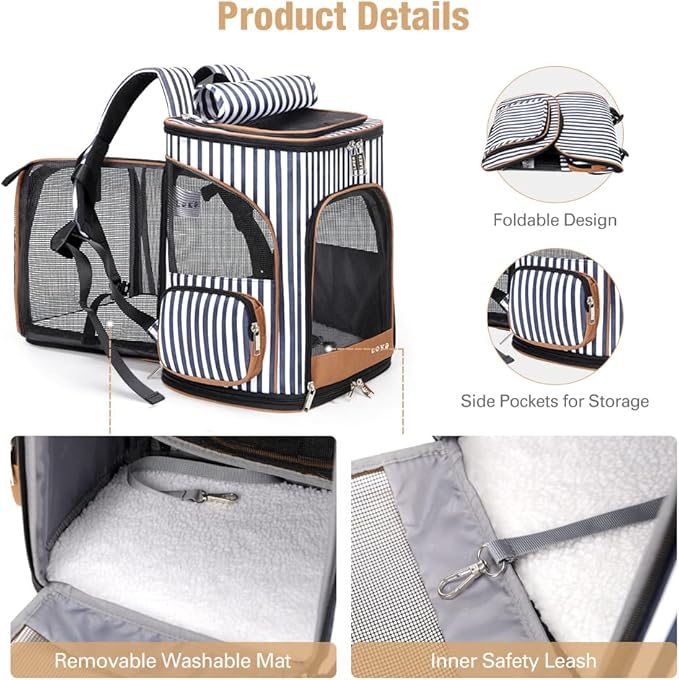 Lekereise Pet Carrier Backpack Expandable Cat Backpack for Small Dogs Cats, Dog Backpack Bag with Breathable Mesh and Inner Safety Leash, Striped