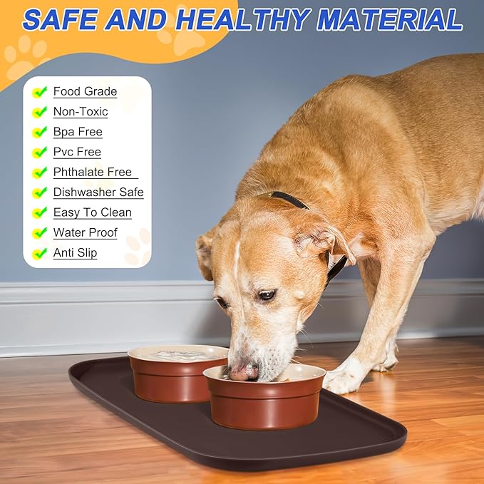 Silicone Pet Feeding Mat with Raised Edge, Dog Cat Bowl Mats for Food and Water, Pet Placemat for Floors Waterproof, 22” x 14” x 0.8” Brown