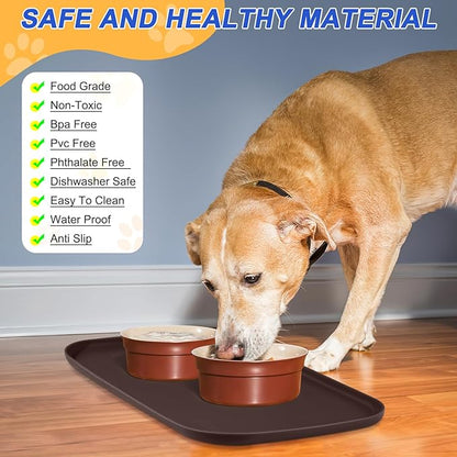 Silicone Pet Feeding Mat with Raised Edge, Dog Cat Bowl Mats for Food and Water, Pet Placemat for Floors Waterproof, 22” x 14” x 0.8” Brown