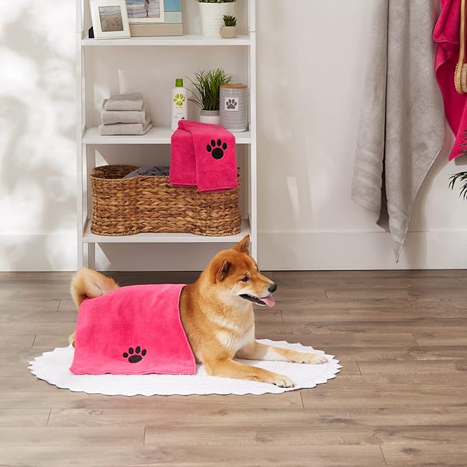 Bone Dry Pet Grooming Towel Collection Embroidered Absorbent Microfiber Drying Set 15x30, Raspberry 3 Count