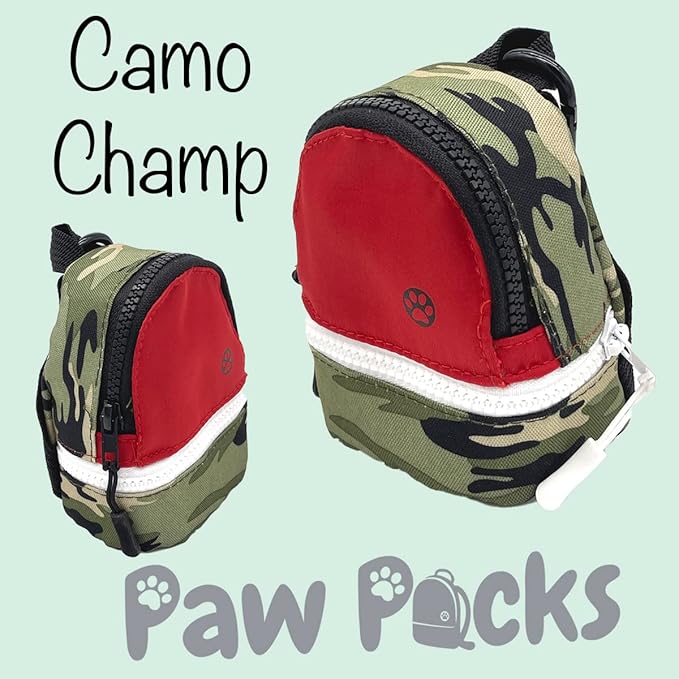 LLC Dog Backpack, Cat Backpack, Small Carrier | Clip on Harness or Leash, Fun Pet Treat Holder, Toy Bag, or Waste Dispenser | Dog Treat Training Pouch (Camo Champ)