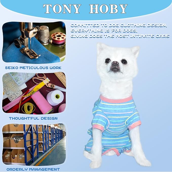 TONY HOBY Female Dog Pajamas, Dog Thermal Pajamas with Stripe, Dog Jumpsuit Pet Clothes for Small Medium Dog (Light Blue, Girl, XS)