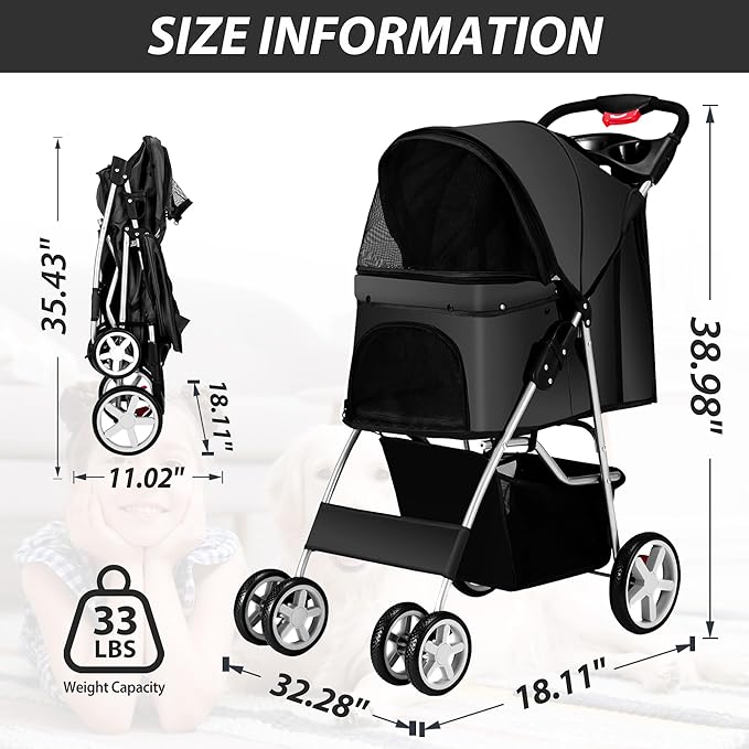 4 Wheels Pet Stroller for Small Medium Dogs Cats 33 lbs