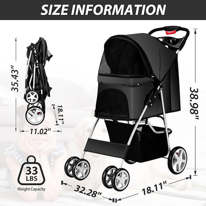 4 Wheels Pet Stroller for Small Medium Dogs Cats 33 lbs