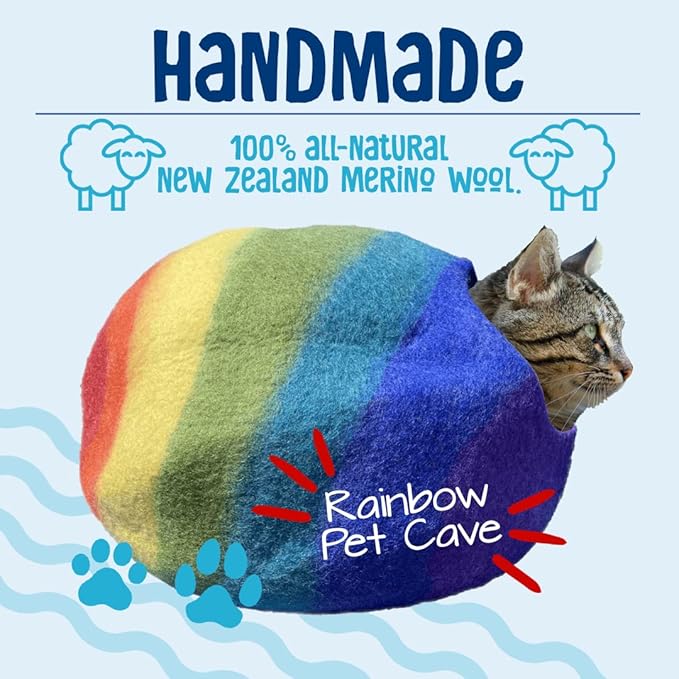 Yeti Pet Cave Pet Bed for Cats and Small Dogs, 100% New Zealand Wool, Rainbow