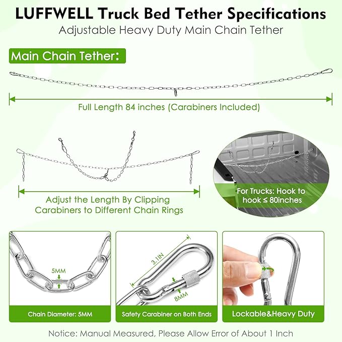 Chain Dog Truck Bed Cross Tether, Chew Proof Truck Bed Dog Leash System for Two Dogs, Heavy Duty Dog Vehicle Bed Restraints Tie Down Tether, Metal Pet Bed Harness Barrier Lead for Pickup, Car, Trucks