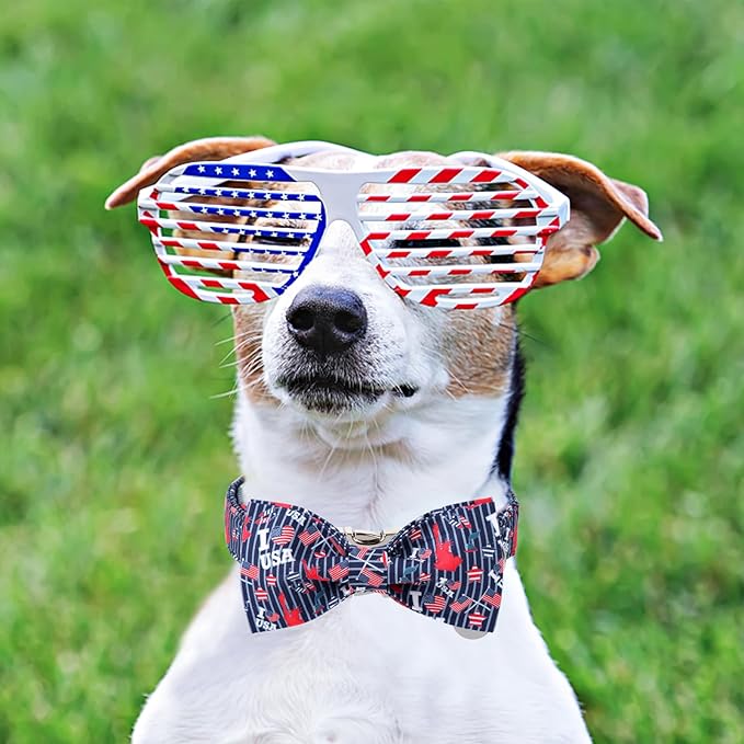 American Flag Dog Collar with Bow Tie 4th of 16-24in