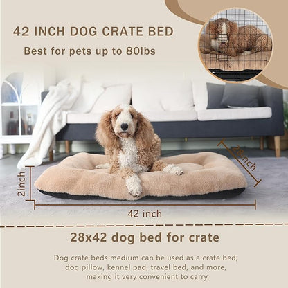 28x42 Dog Crate Bed Washable,Fluffy Dog Beds for Large Dogs for Pet Bed for 80lb Dog Soft Comfy Calming Anti Anxiety,42 Inch Dog Crate Bed Orthopedic with Non-Slip Bottom for Pet Sleeping(Khaki)