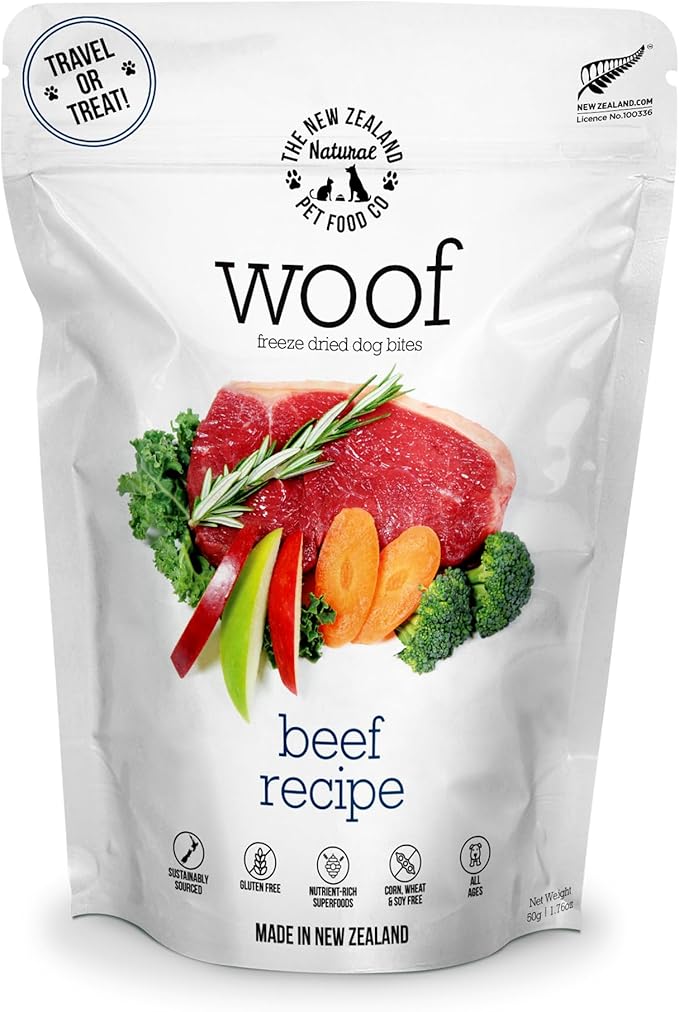 Woof Freeze Dried Dog Food - Beef Recipe, High Protein, Dog Food Topper & Dog Treats, All Life Stages, 1.76 oz