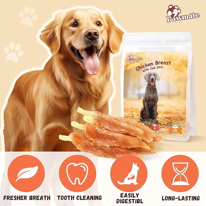 Chicken Wrapped Cod Sticks Dog Treats, Healthy Rawhide-Free High Protein Chicken Tender Dog Jerky Soft Chews Training Reward for Small Medium Large Dogs 9-10 Counts