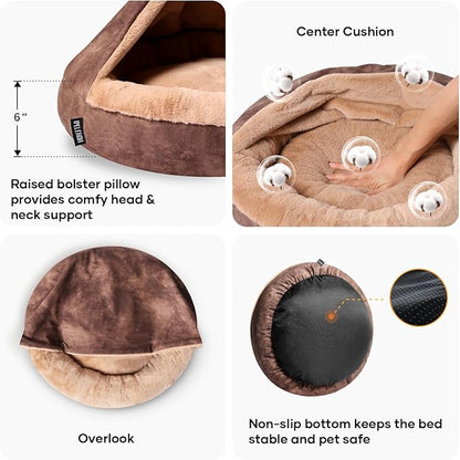 Cozy Soft Dog Bed with Hooded Blanket Warm Calming Cat Cave for Small Medium Dogs and Cats 23x23x6″