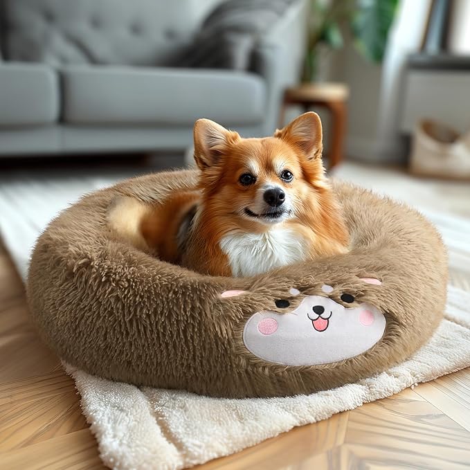 Veehoo Donut Calming Dog Beds for Small Medium Dogs-Round Cute Dog Bed Comfort Pet Bed 23" Camel