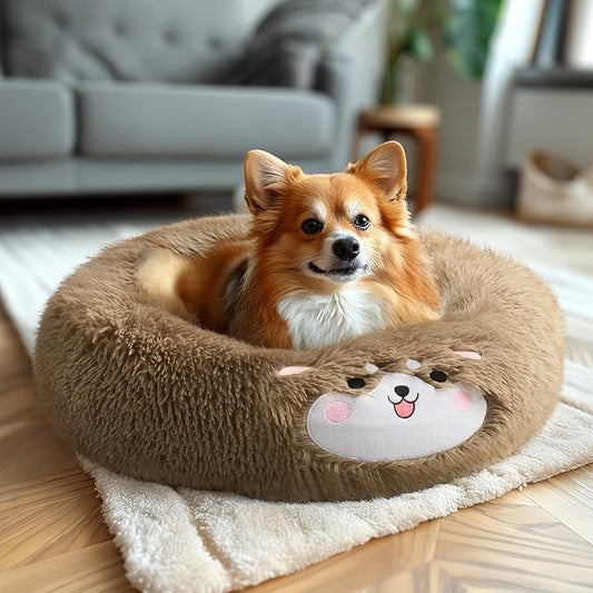 Veehoo Donut Calming Dog Beds for Small Medium Dogs-Round Cute Dog Bed Comfort Pet Bed 23" Camel