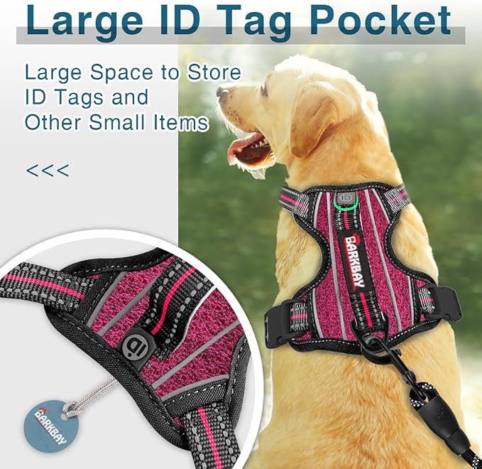 BARKBAY Dog Harness No Pull with ID Tag Pocket - Heavy Duty, Reflective, Easy Control for Large Dogs (Pink/Black,XL)