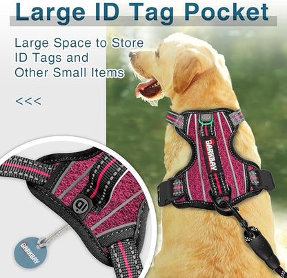 BARKBAY Dog Harness No Pull with ID Tag Pocket - Heavy Duty, Reflective, Easy Control for Large Dogs (Pink/Black,L)