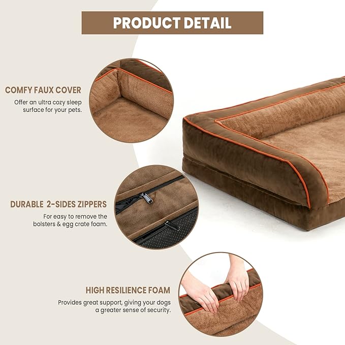 XL Dog Bed, Brown Dog Beds for Extra Large Dogs, Washable Dog Bed with Removale Bolsters, High Bolster Dog Bed with Nonslip Bottom, Extra Large Dog Bed up to 100 lbs