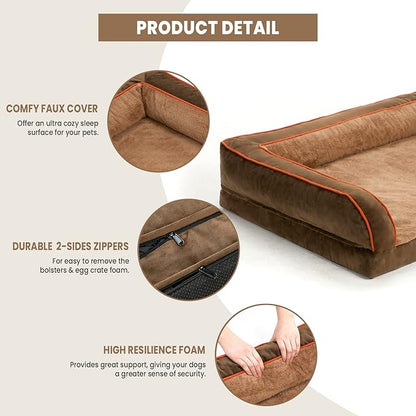 XL Dog Bed, Brown Dog Beds for Extra Large Dogs, Washable Dog Bed with Removale Bolsters, High Bolster Dog Bed with Nonslip Bottom, Extra Large Dog Bed up to 100 lbs