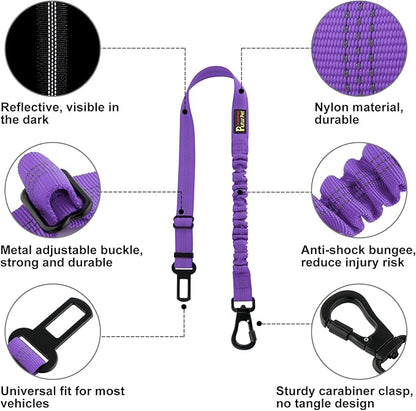 Plutus Pet Dog Seat Belt for Car, Adjustable Dog Car Harness with Carabiner Clip, Reflective Safety Dog Seatbelt Leash with Elastic Bungee, Purple