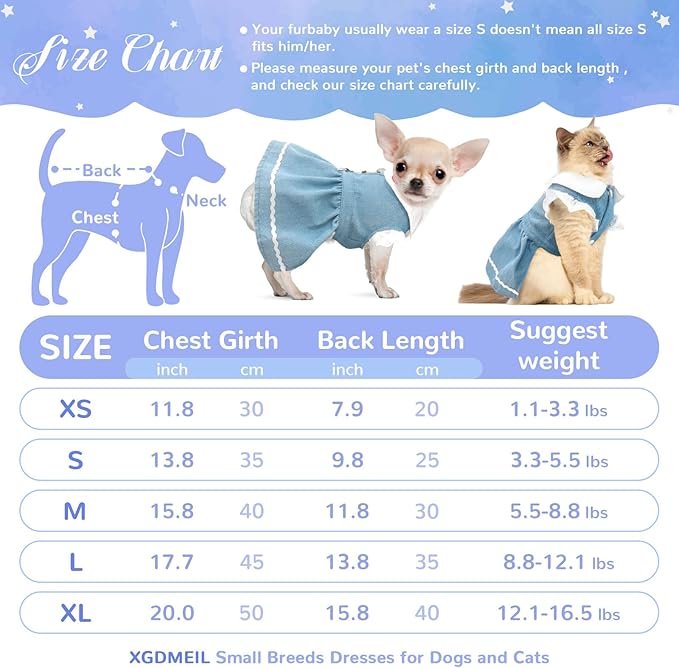 Denim Dog Dress for Small Dogs Cats Cute Girl Dog Clothes Cute Strawberry Female Pet Dresses Spring Summer Pet Outfits for Chihuahua Yorkie Shih Tzu(Light Blue,X-Large)
