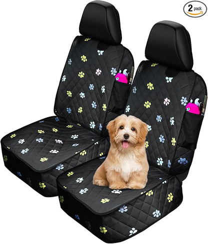 2pcs Dog Car Seat Cover for Front Durable Colored Paw Prints Waterproof Protector Against Dirt Scratch Proof Non Slip Padded Quilted Front Seat Covers for Dog for Cars
