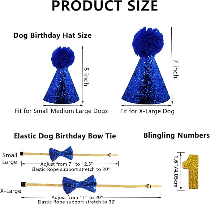 Dog Birthday Party Supplies, LMSHOWOWO Reusable Dog Birthday Bandana Set, Blingbling Dog Birthday Hat Bow Tie Numbers for Large Extra Large Dogs Pets Birthday Decorations (Blue, X-Large)