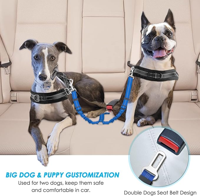 SlowTon Dog Seat Belt, Double Dog Seatbelt Adjustable Vehicle Safety Leash with Elastic Bungee Buffer, Reflective No Tangle Y Shape Two Dog Harness Seat Belt Splitter for Pets Car Trip (Light Blue, M)