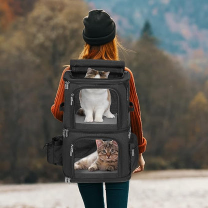 Double-Compartment Pet Carrier Backpack for Small Cats and Dogs, Cat Travel Carrier for 2 Cats, Perfect for Traveling/Hiking/Camping, Black