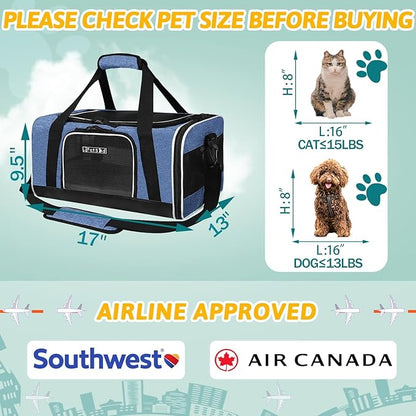 Petskd Pet Carrier 17x13x9.5 Southwest Airline Approved, Pet Travel Carrier Bag for Small Cats and Dogs, Soft Dog Carrier for 1-15 LBS Pets,Dog Cat Carrier with Safety Lock Zipper (Blue)