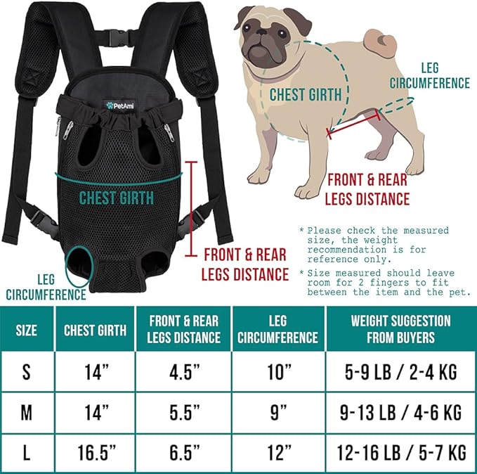 PetAmi Dog Carrier Backpack, Adjustable Dog Pet Cat Front Carrier Backpack | Ventilated Dog Chest Carrier for Hiking Camping Travel, Sling Bag for Small Medium Dog Cat Puppies, Small, 5-9 lbs, Black