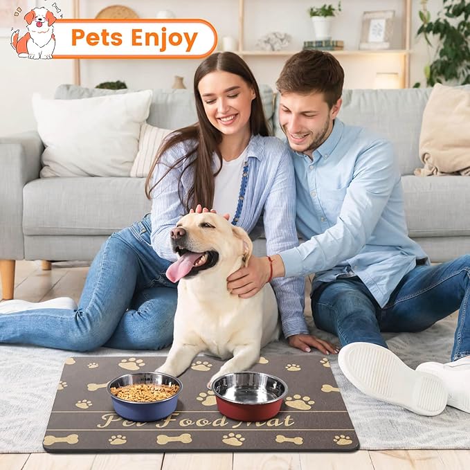 Pet Feeding Mat-Absorbent Pet Placemat for Food and Water Bowl (12"x20", Brown)