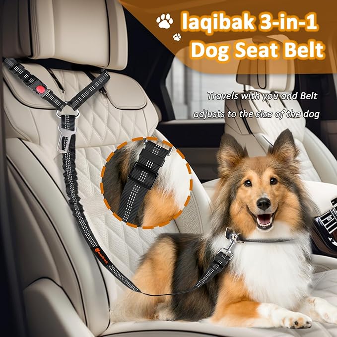 Removable Dog Seat Belt Harness for Car, 3 in 1 Pet Dog Car Seatbelt Leash, Retractable Restraint Secures to Vehicle Headrest & Adjustable Reflective Bungee Dog Seatbelt Tether with Poop Bag Holder