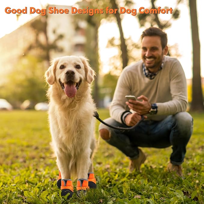 Dog Shoes, Outdoor Dog Boots Non-Slip Waterproof Dog Booties for Medium to Large Dogs 4Pcs for Winter Snowy Day, Summer Hot Pavement with Rugged Sole Orange