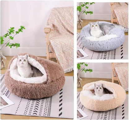 Cat Bed Round Fluffy Hooded Cat Bed Cave