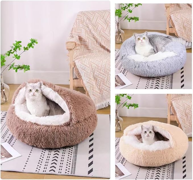 Cat Bed Round Fluffy Hooded Cat Bed Cave