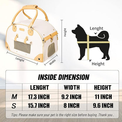 Dog Carrier, Cat Carrier, Pet Carrier, Foldable Premium PU Leather Dog Purse, Portable Tote Bag Carrier for Small to Medium Cats and Small Dogs（Creamy White -Small）