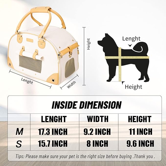 Dog Carrier, Cat Carrier, Pet Carrier, Foldable Premium PU Leather Dog Purse, Portable Tote Bag Carrier for Small to Medium Cats and Small Dogs（Creamy White -Medium）