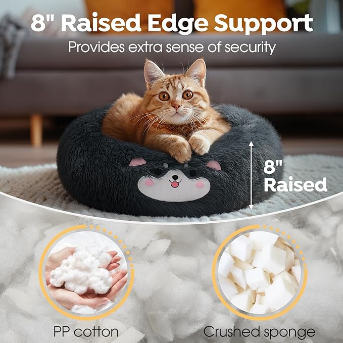 Veehoo Donut Calming Dog Beds for Small Medium Dogs-Round Cute Dog Bed Comfort Pet Bed 23" Dark
