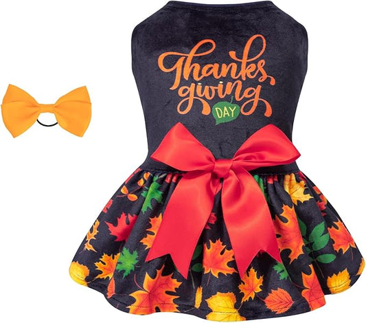 CuteBone Dog Dresses Velvet Holiday Small Dogs Clothes Onesie Pet Apparel Girl Puppy Skirt with Bow Hair Rope CVA26L-D