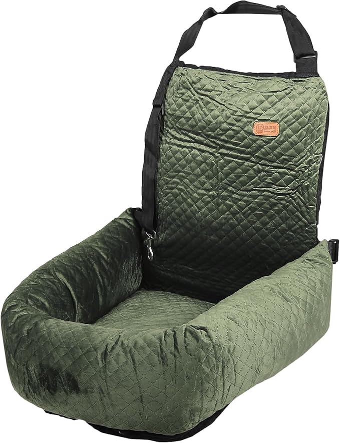 X AUTOHAUX Car Dog Bed Cat Seats Booster Seat Flannel Puppy Bed Back Car Dog Seat Travel Safety Carseat/Carrier Washable Cover with Seat Belt for Medium Small Sized 5-15 lb Green