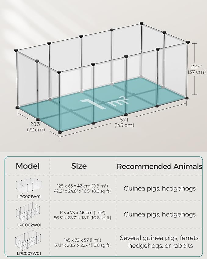 SONGMICS Pet Playpen with Floor, Small Animal Pen, Pet Fence Indoor, DIY Plastic Enclosure for Hamsters, Hedgehogs, 57.1 x 28.3 x 22.4 Inches, White ULPC007W01