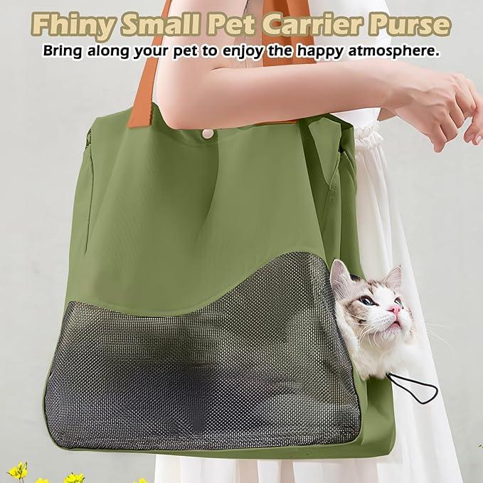 Fhiny Cat Purse Carrier, Small Dog Carrier Tote Breathable Mesh Pet Carrier Bag Soft Sided Adjustable & Foldable Kitten Travel Bag for Cats Kittens Rabbits Small Dogs Shopping Travel (Green)