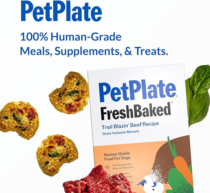 PetPlate FreshBaked Dry Dog Food Grain-Inclusive, Gently Baked and Air-Dried Human Grade Dog Food, Vet Designed and Formulated with Prebiotics and Postbiotics, No Fillers or by-Products, 2lbs (Beef)