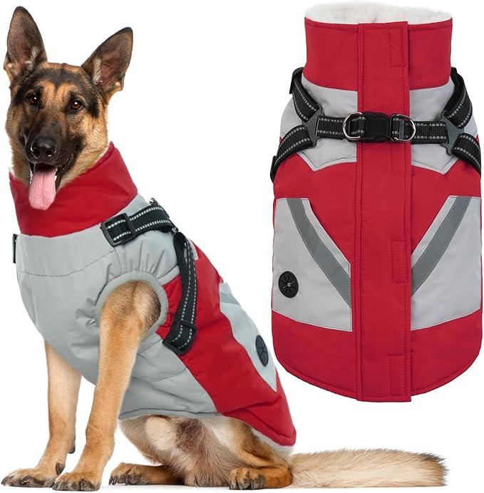 IECOii Dog Jacket Winter Harness Built in -Red