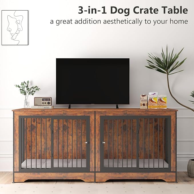 Rovibek Dog Crate TV Stand 75 Inch, 2 Dogs,