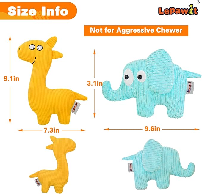 Squeaky Dog Toys, Cute Plush Toy for Dogs Indoor Play, Interactive Dog Toys with Non-Shedding Material for Small and Medium Dogs - Elephant & Giraffe