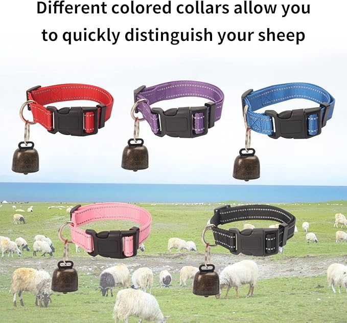 5 Pack Goat Collar with Bell, Reflective Adjustable Nylon Collar Set Sheep Collar with Bell, Pet Anti-Lost Grazing Copper Bells for Small Farm Animal Sheep Cow Pet Goat Accessories